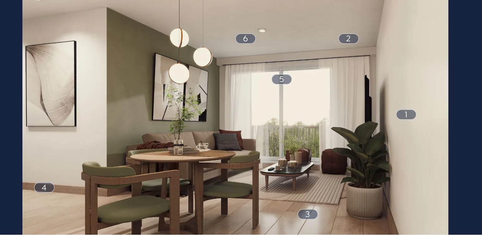 Sala y comedor con la numeración de acabados